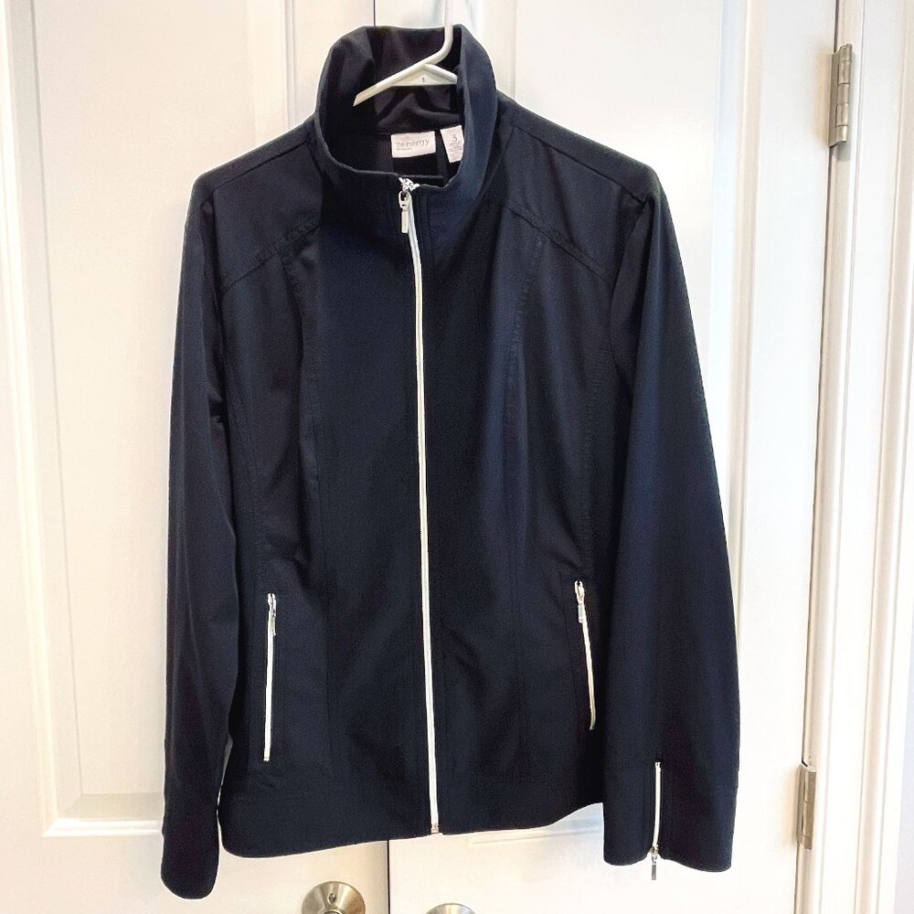 EUC Zenergy By Chico's Jacket, Black, Zippered Front-Sleeves-Pockets, Sz 3